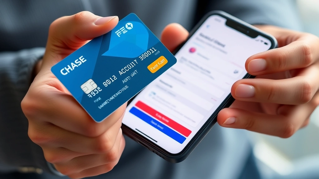 Close-up of hands holding a Chase debit card over a smartphone displaying banking app interface, showing digital banking and account closure process