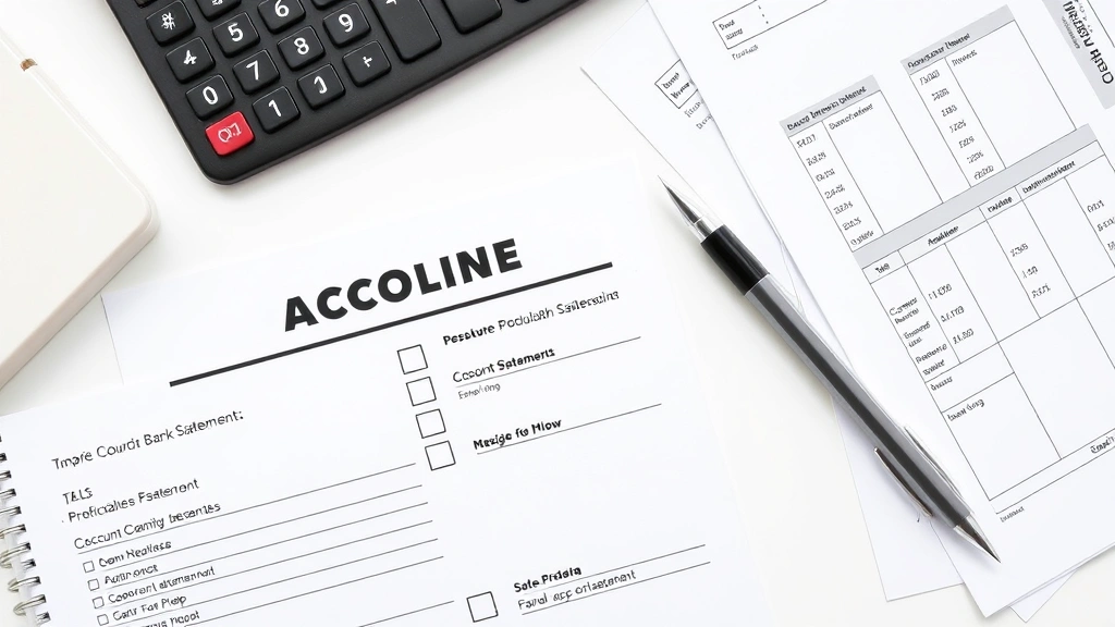 Organized workspace with printed bank statements, checklist, calculator, and pen on white surface, depicting account closure preparation and financial documentation