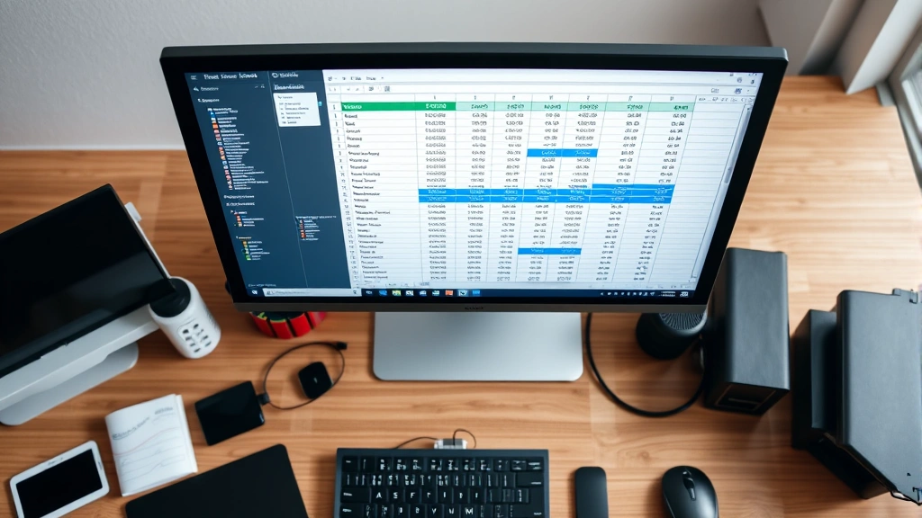 Overhead view of a desk with a computer monitor displaying an Excel spreadsheet with multiple columns of data and cells highlighted in blue, showing a professional workspace