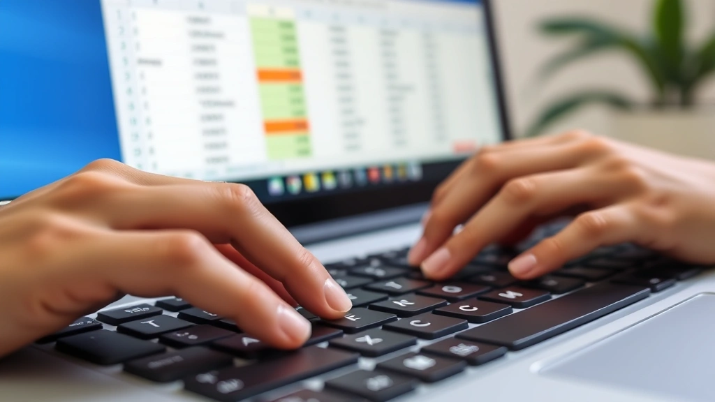 Close-up of a laptop keyboard with hands typing, with a blurred Excel spreadsheet visible on the monitor in the background showing cell selection