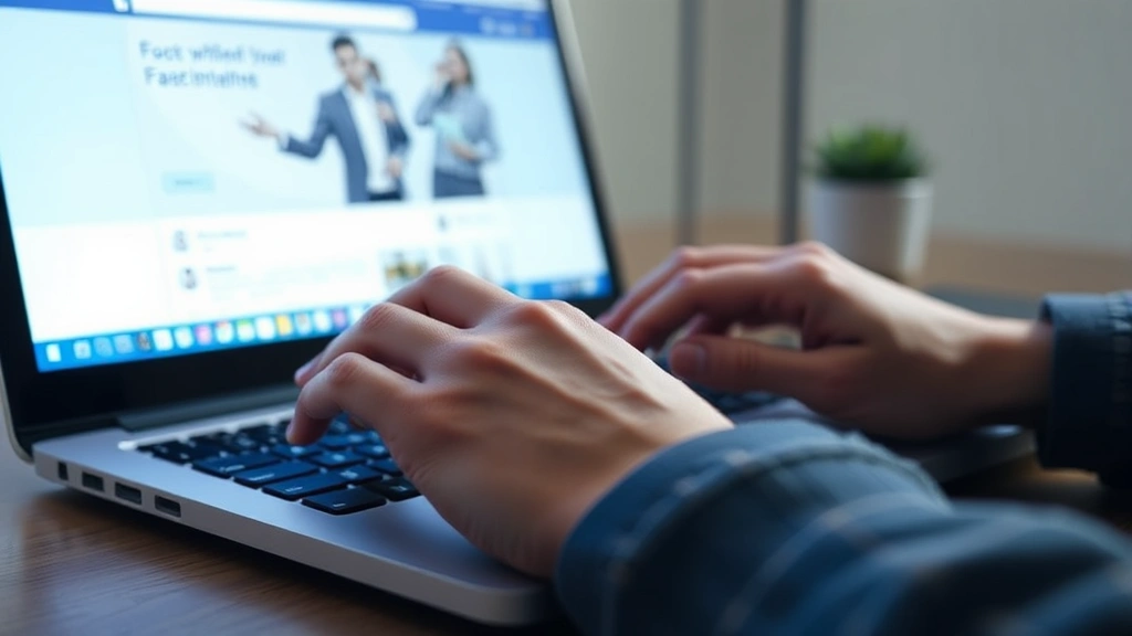 Close-up of hands typing on a laptop keyboard with a Facebook interface glowing on screen, minimalist desk setup, natural lighting