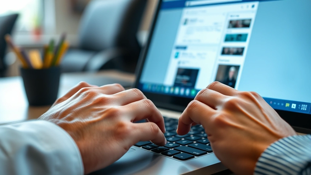 Close-up of hands typing on a laptop keyboard with a blurred Facebook interface visible on the screen, professional office setting with natural lighting