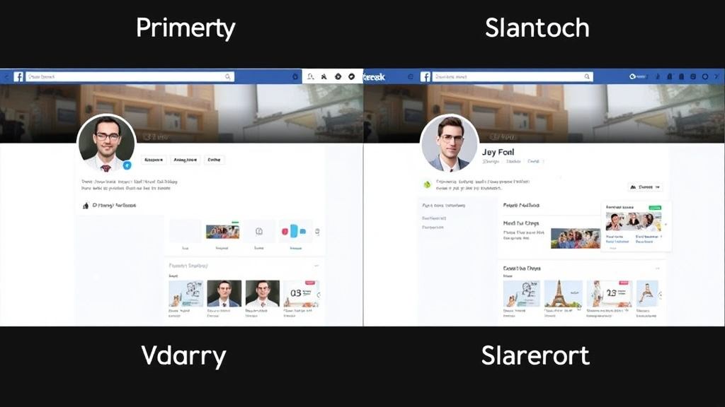Split screen showing two different Facebook profile interfaces side by side, representing primary and secondary accounts, clean digital aesthetic