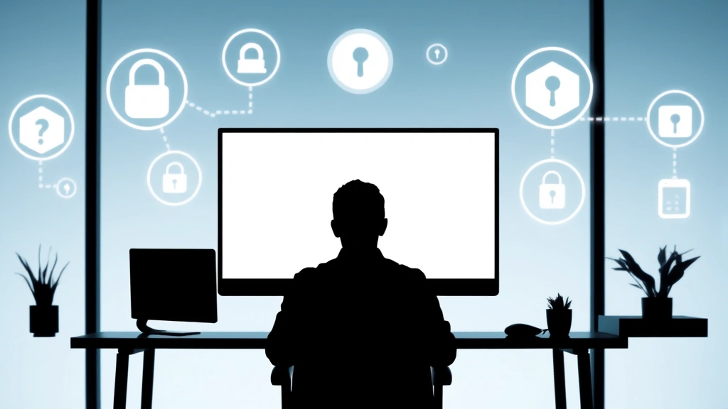 Silhouette of a person sitting at a desk facing a computer monitor displaying abstract privacy and security symbols, minimalist modern workspace