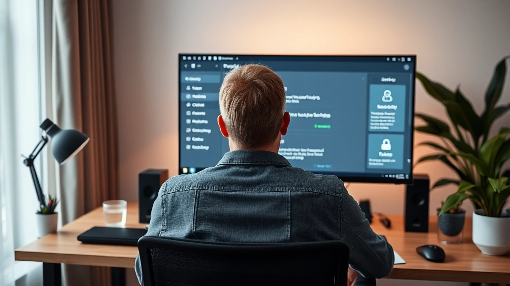 A person sitting at a desk facing away from camera, looking at computer screen displaying privacy settings and security options, modern home office