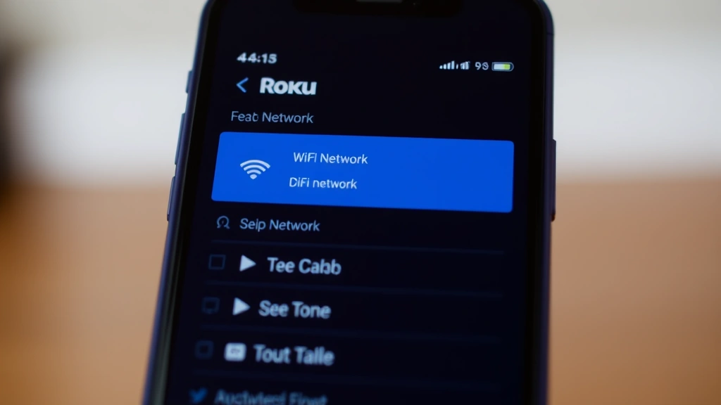 Close-up of smartphone displaying Roku mobile app interface with WiFi network selection screen, modern minimalist design, soft lighting on device
