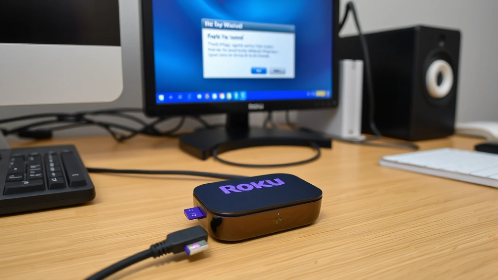 Roku streaming device connected to computer via USB cable, setup wizard visible on computer monitor, organized desk workspace with cables neatly arranged