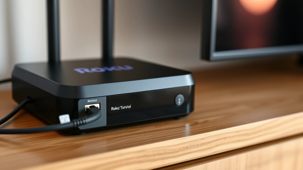 Roku device with Ethernet cable connected to wireless router, both devices on wooden entertainment center shelf, modern home theater setup aesthetic