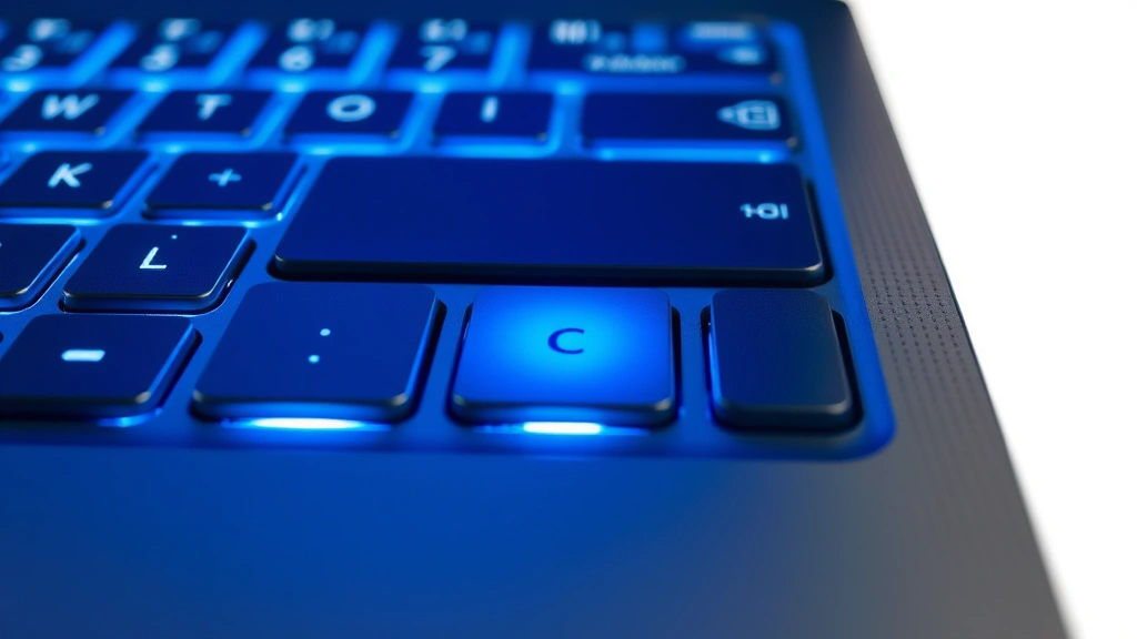 Close-up of laptop keyboard showing Ctrl and C keys highlighted with soft blue glow, clean white background, professional tech photography
