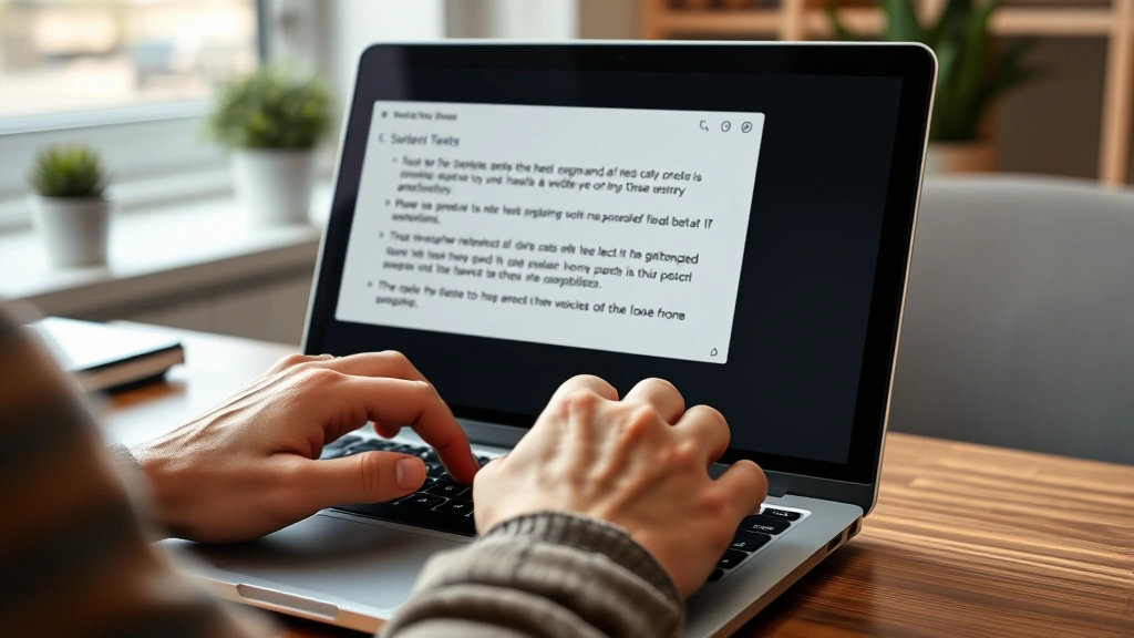Hands typing on laptop keyboard with text selected on screen, demonstrating selection process, neutral office setting with natural lighting
