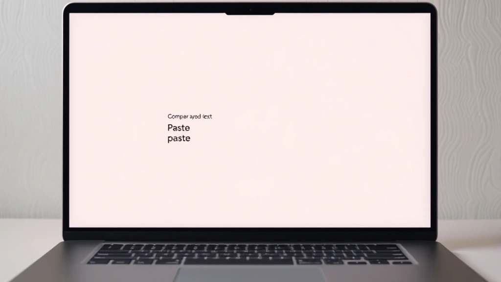 Split screen showing laptop display with text document and cursor positioned, illustrating paste operation completion, minimalist workspace aesthetic