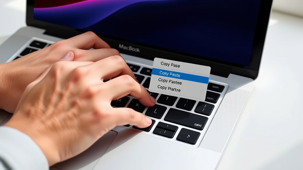Hands typing on MacBook trackpad with contextual menu showing copy paste options, bright clean workspace, no text no words no letters