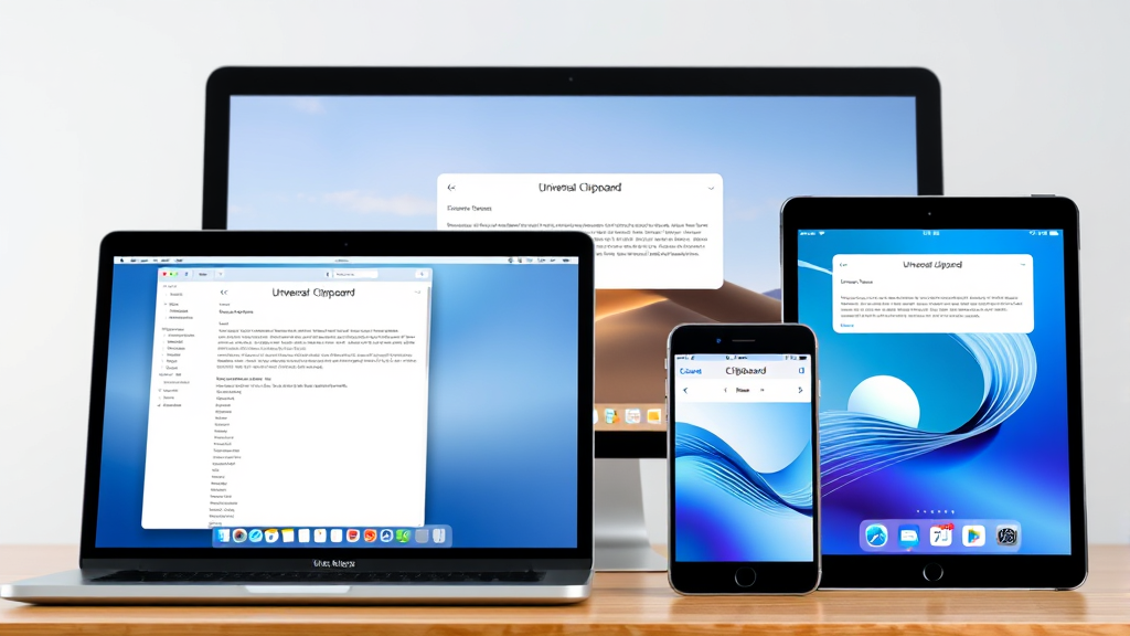 Multiple Apple devices showing Universal Clipboard sync between MacBook iPhone iPad, clean modern tech setup, no text no words no letters