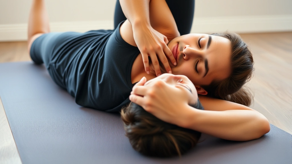 Close-up of person lying on back performing knee-to-chest stretch on yoga mat, relaxed facial expression, neutral background