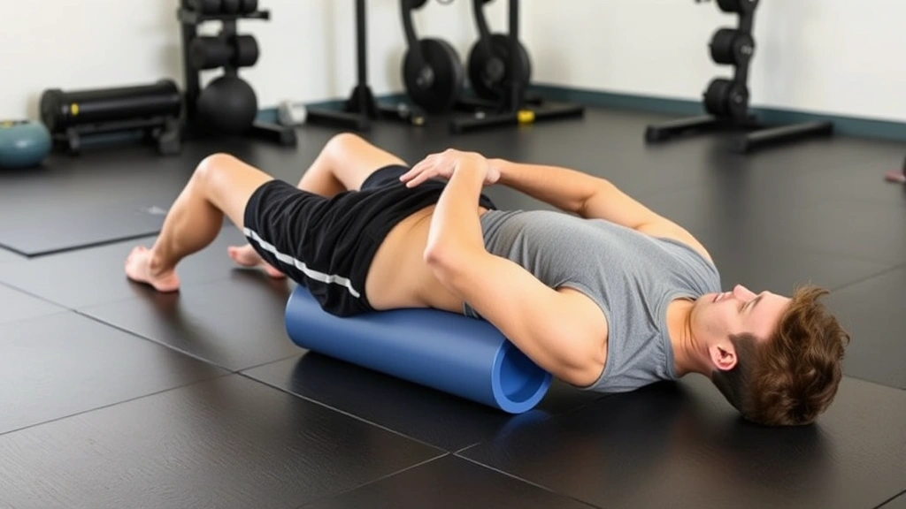 Individual using foam roller on lower back while lying on floor, proper form demonstrated, exercise equipment visible around