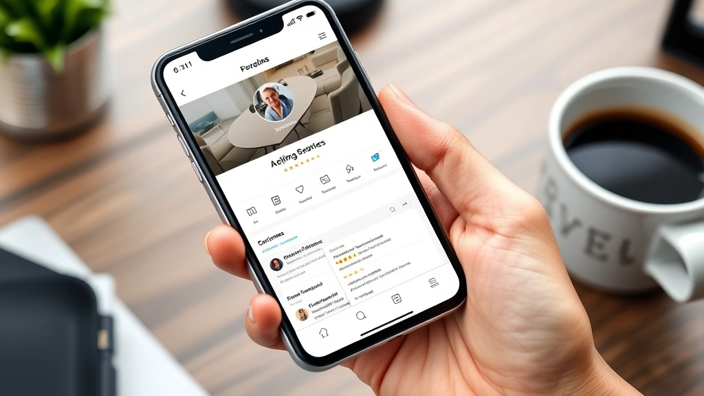 A smartphone showing a well-designed business profile with profile picture, cover photo, and customer reviews displayed prominently, held at desk with coffee cup nearby