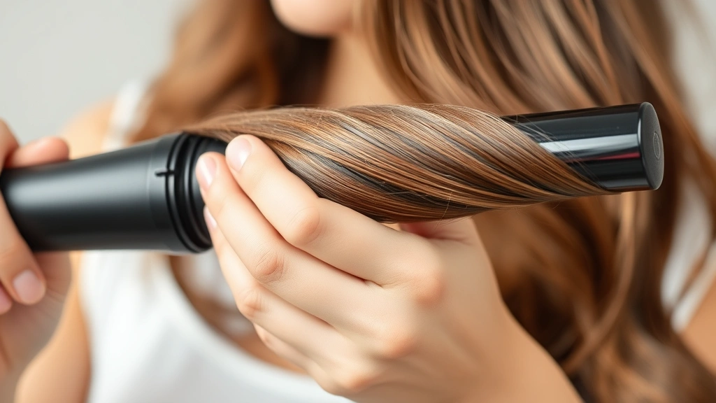 Close-up of a woman's hands holding a curling iron barrel with a section of smooth, shiny hair wrapped around it, ready to curl, showing proper technique and positioning