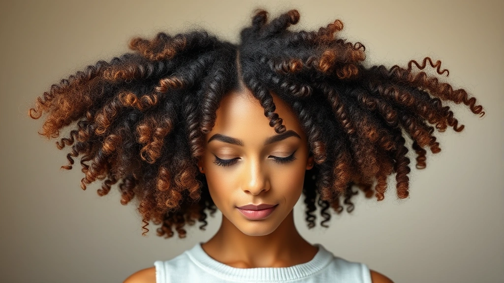 Woman's head showing finished curls in various sizes and directions, from loose waves to tighter ringlets, demonstrating curl variety and texture