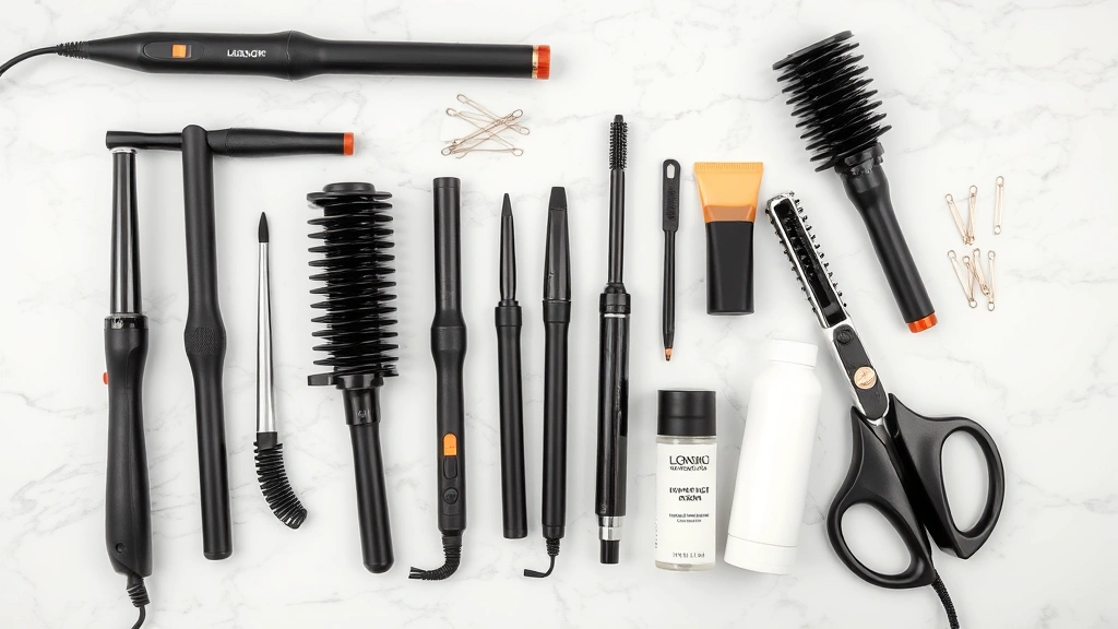 Flat lay of professional hair styling tools including curling irons, wands, flexi-rods, bobby pins, and hair products arranged neatly on a marble surface