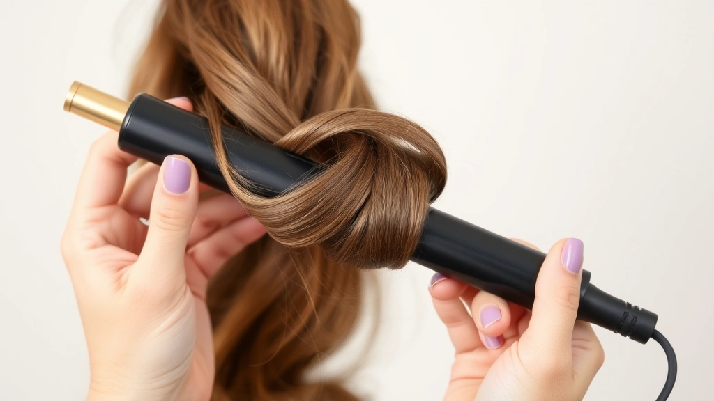 Hands holding a curling wand vertically with light brown hair wrapped around it mid-way, showing proper wrapping technique without clamp