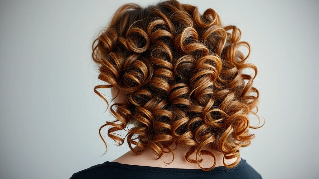 Woman with perfectly styled bouncy curls and waves in various textures, photographed from shoulder-up showing the final beautiful result of expert hair curling