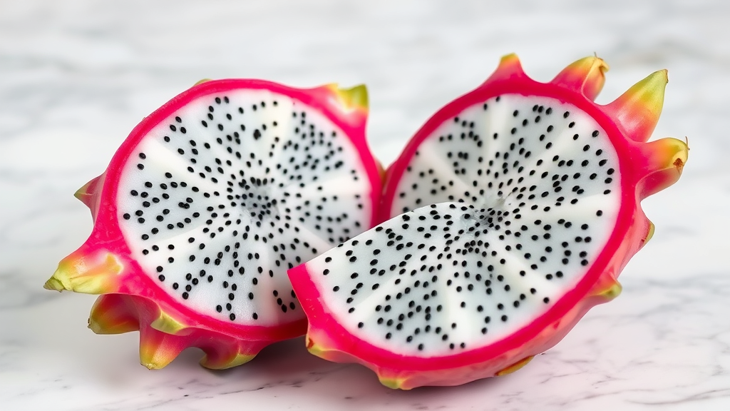 Vibrant pink dragon fruit cut in half showing white flesh with black seeds on marble surface no text no words no letters