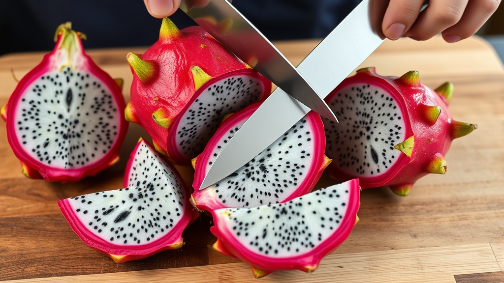 Dragon fruit being cut with sharp knife on wooden cutting board showing cross-section technique no text no words no letters
