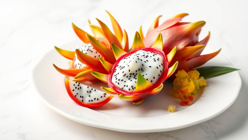 Decorative dragon fruit flower bloom cut arrangement on elegant white plate with tropical garnish no text no words no letters