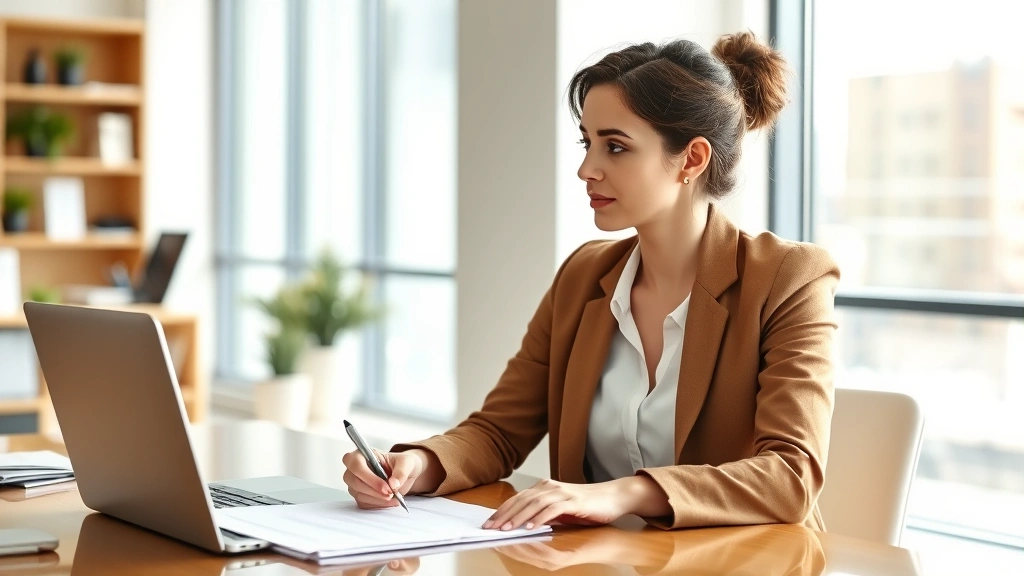 Professional woman sitting at desk with laptop, holding pen, looking thoughtful with papers in front of her, modern office environment with natural lighting