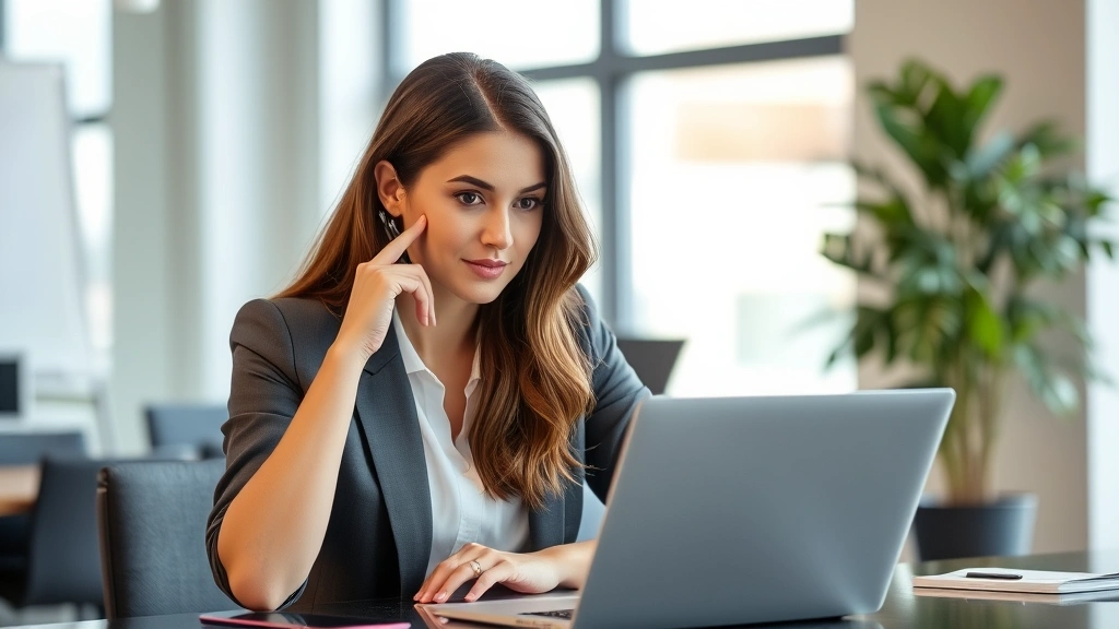 Professional woman sitting at desk with laptop, thoughtful expression, holding pen, modern office environment with natural lighting, decision-making moment