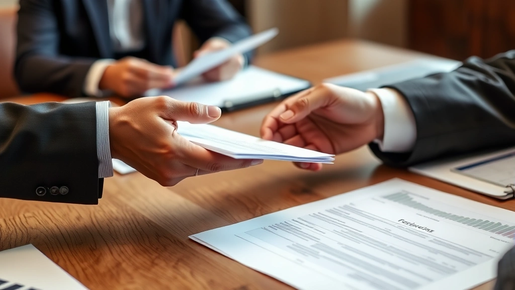 Close-up of hands exchanging business documents across a wooden desk during a professional meeting, formal business setting with blurred background