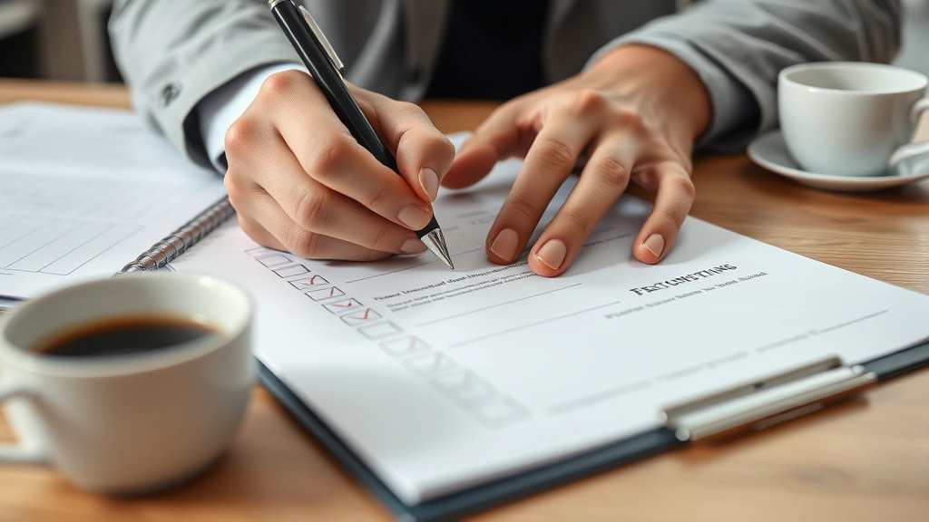 Close-up of hands writing on professional document with coffee cup nearby, notepad with checkmarks, organized workspace, daytime natural light