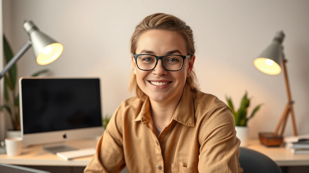 Person on video call with confident expression, professional home office setup with plants and desk lamp, warm lighting, modern workspace aesthetic