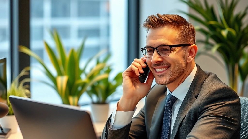 Professional man on phone call at desk, calm confident expression, modern office setting with plants, window view in background, business communication