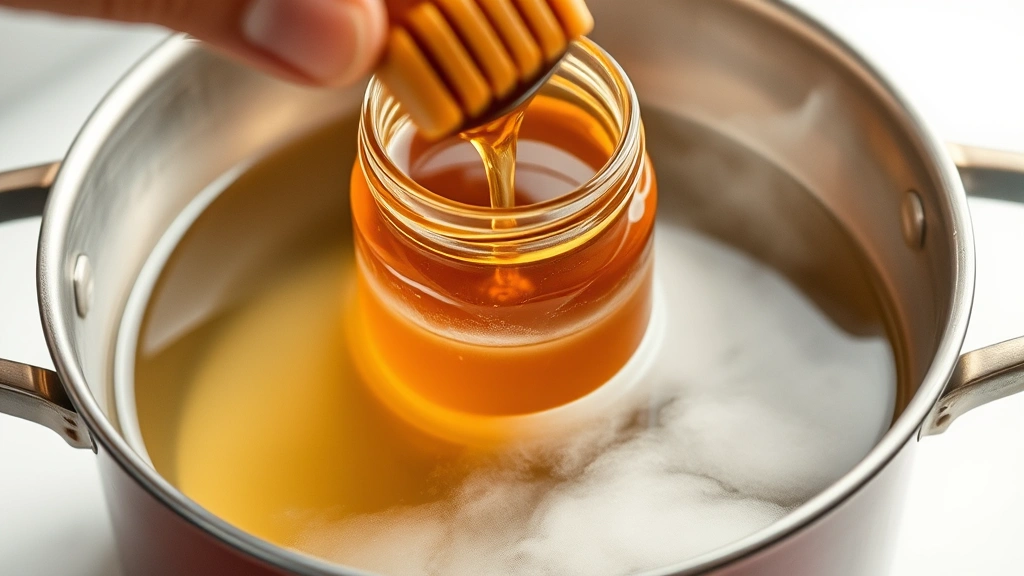 Sealed honey jar being gently placed into a pot of warm water, showing the water level reaching halfway up the jar, soft steam rising from the water