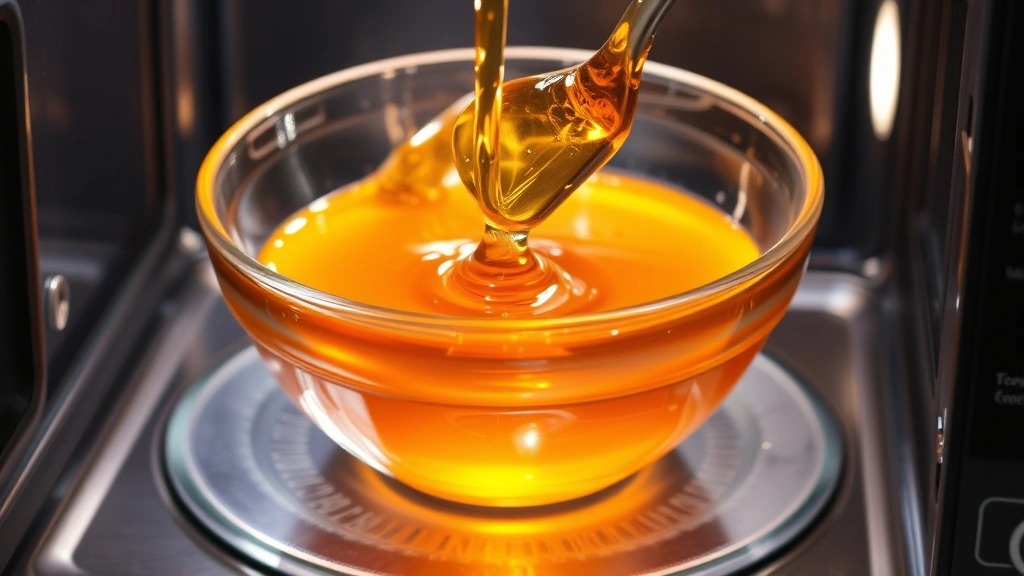 Clear glass bowl of liquid honey being carefully removed from a microwave with visible smooth, glossy texture, honey catching warm light