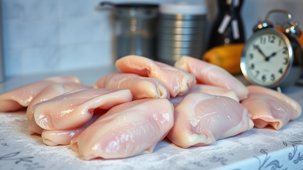 Frozen chicken pieces on kitchen counter with clock showing meal prep timing, no text, no words, no letters