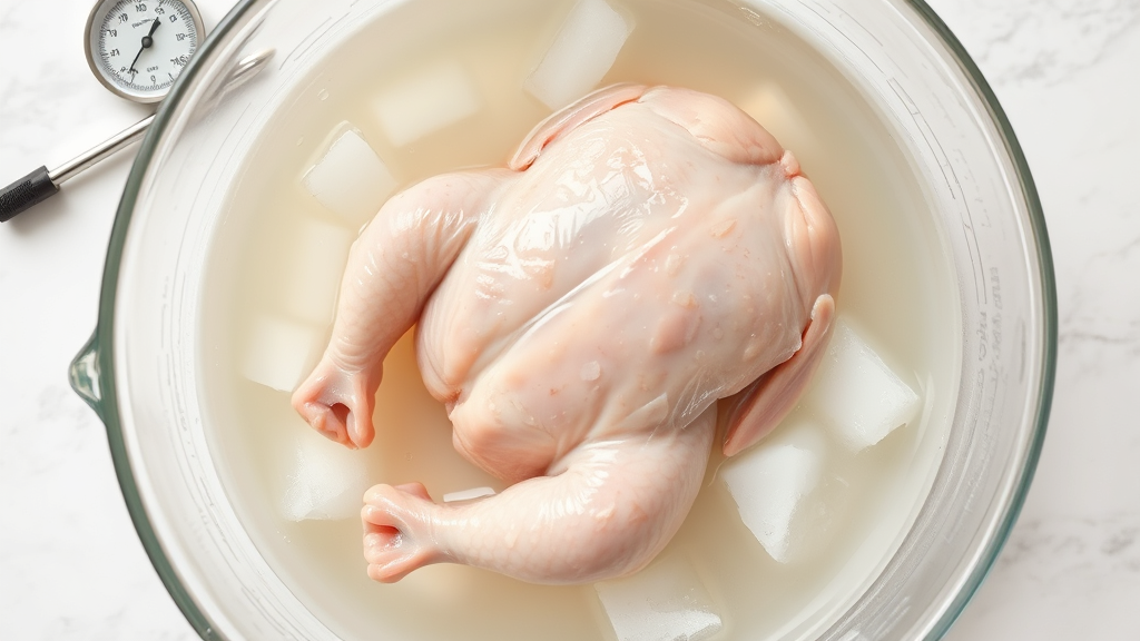 Raw chicken thawing in cold water bowl with ice cubes and thermometer nearby, no text, no words, no letters