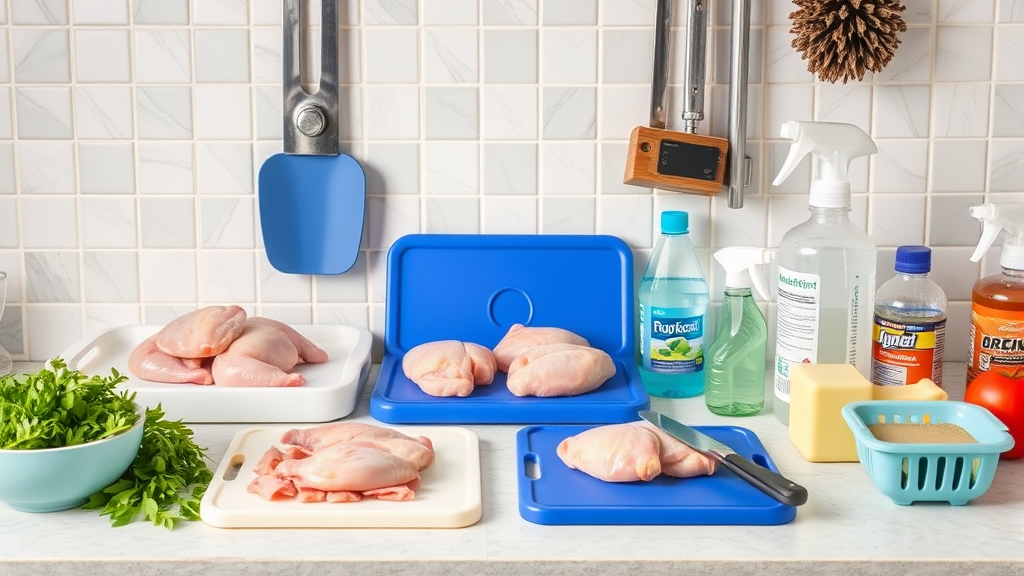 Kitchen safety setup with separated cutting boards and sanitizing supplies for chicken prep, no text, no words, no letters