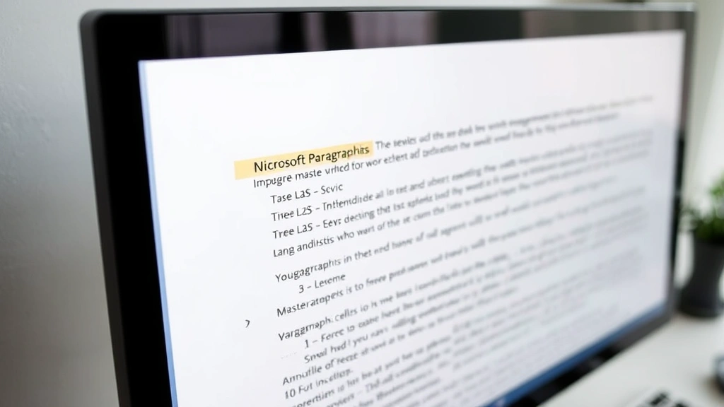 Close-up of a computer monitor displaying a Microsoft Word document with visible paragraph marks and formatting symbols highlighted, clean modern workspace with keyboard visible