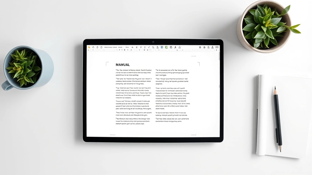 Flat lay of a desk with a laptop showing Word document with manual page break symbols clearly visible on screen, minimalist office setup with notebook nearby