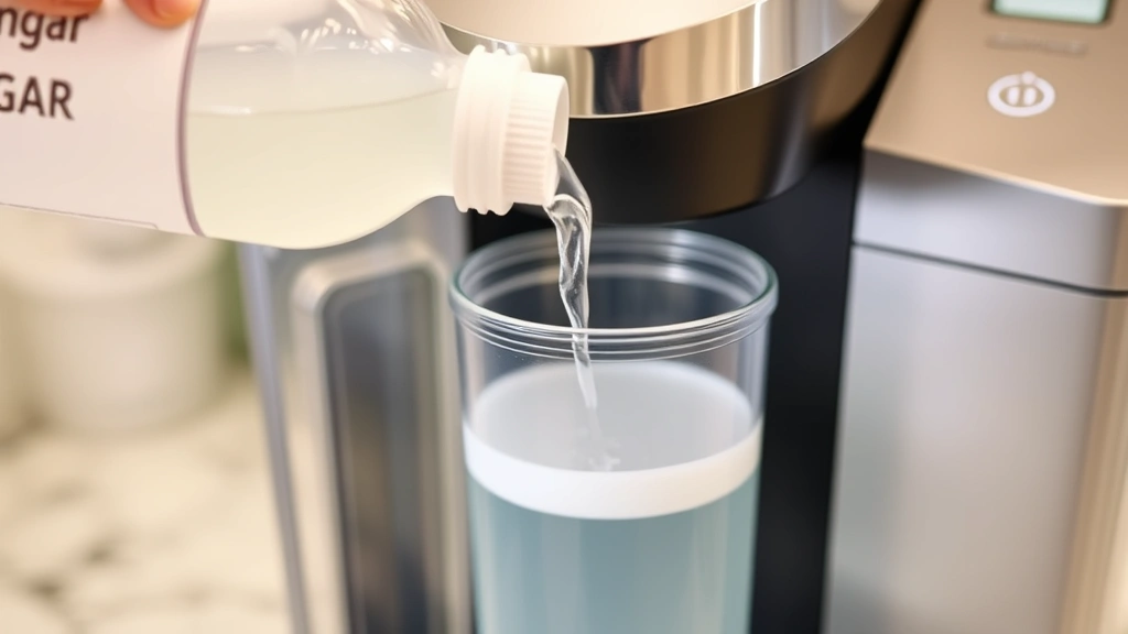 Close-up of white vinegar bottle being poured into a Keurig water reservoir, showing the clear liquid filling the container against a bright kitchen countertop