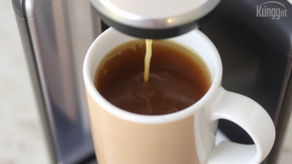 A Keurig coffee maker mid-brew cycle with murky, mineral-laden liquid dispensing into a ceramic mug, demonstrating the descaling process in action