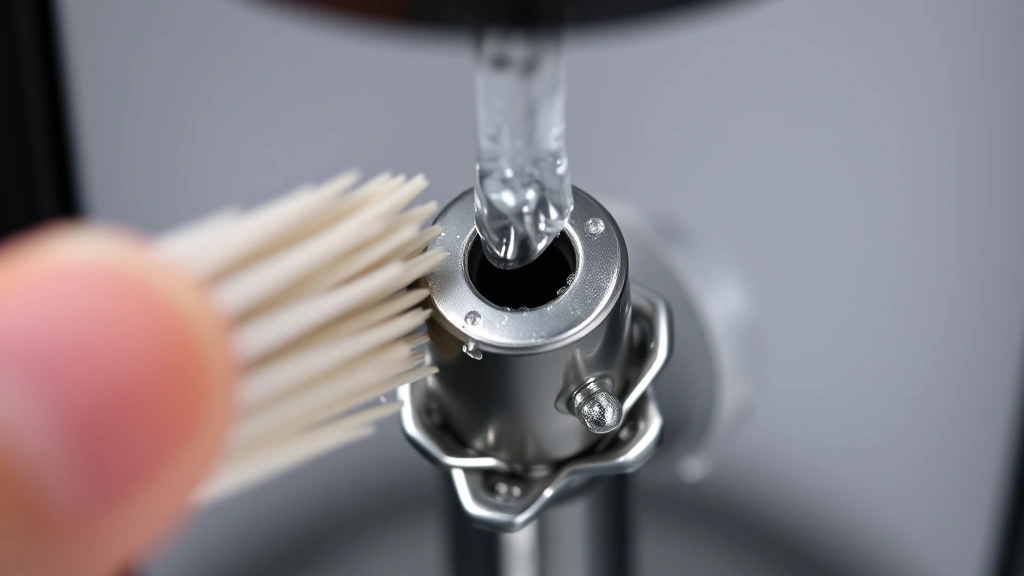 Detailed view of a Keurig needle being gently cleaned with a soft brush under running water, showing mineral deposits being removed from the metal puncture needle