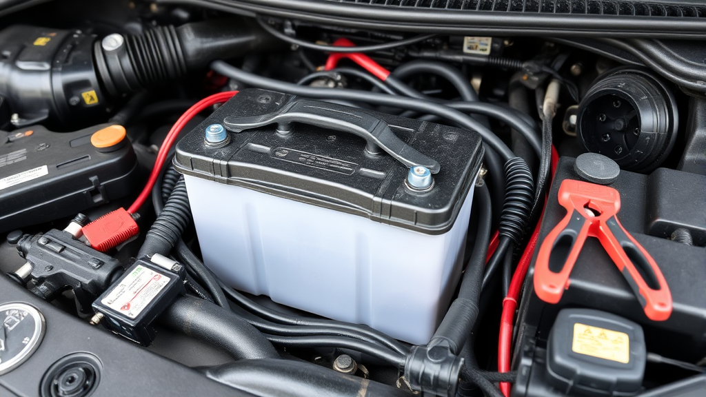 Car battery with cables and tools in engine compartment automotive maintenance no text no words no letters