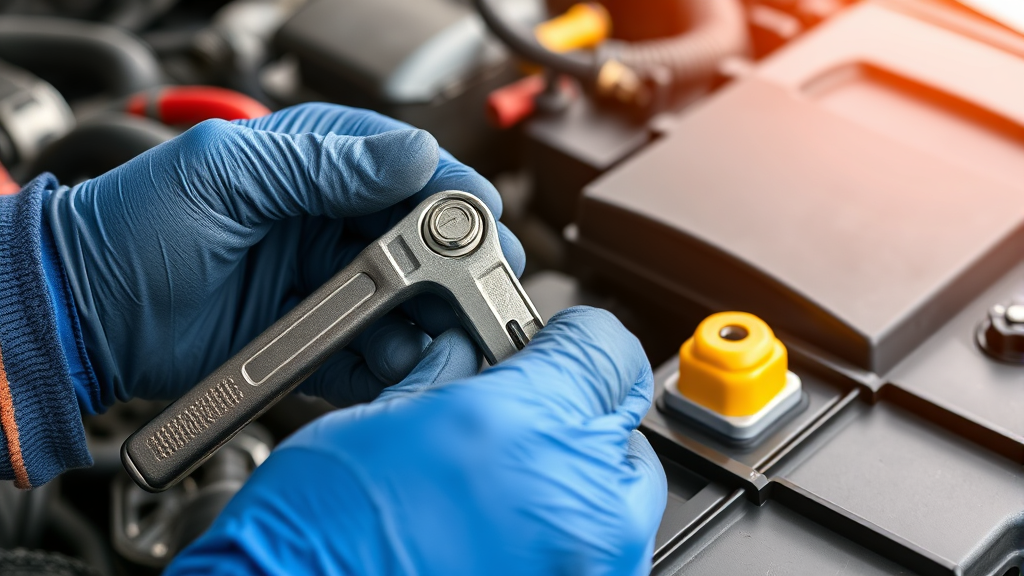 Hands wearing gloves disconnecting negative battery terminal with wrench automotive safety no text no words no letters