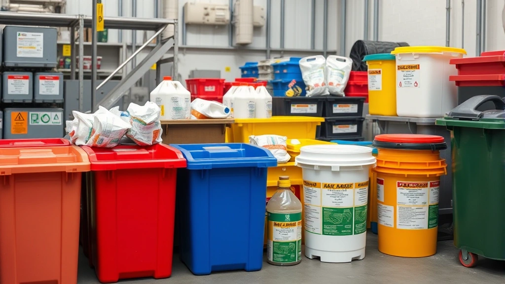Organized hazardous waste disposal facility with color-coded collection bins and properly labeled containers, professional industrial environment