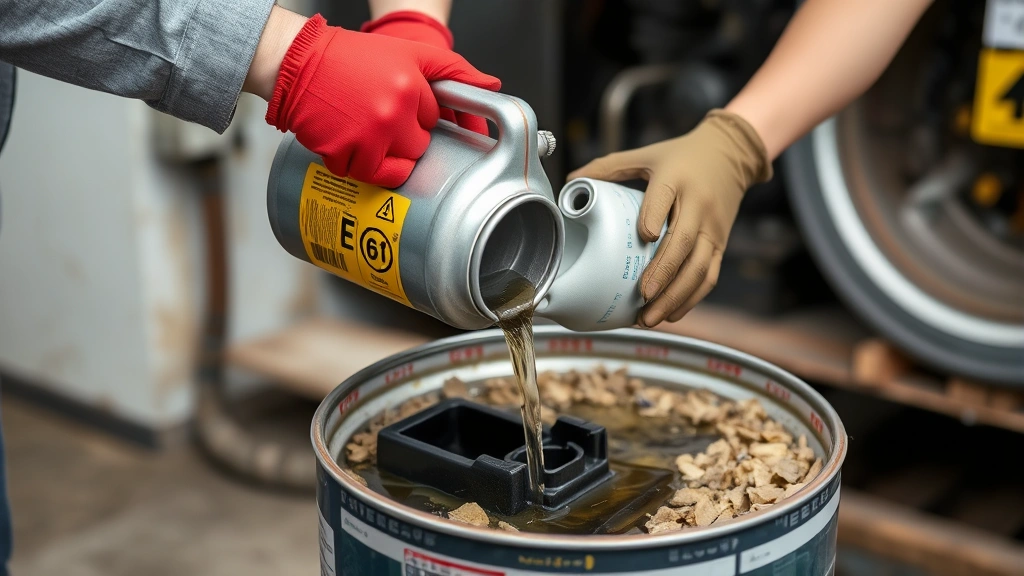 Person carefully pouring fuel from approved metal container into collection drum at recycling center, wearing safety gloves, proper technique demonstration