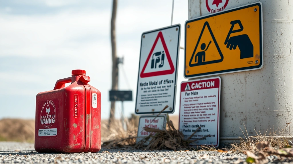 Weathered red gasoline can sitting next to hazardous waste warning signs in outdoor setting with clear sky