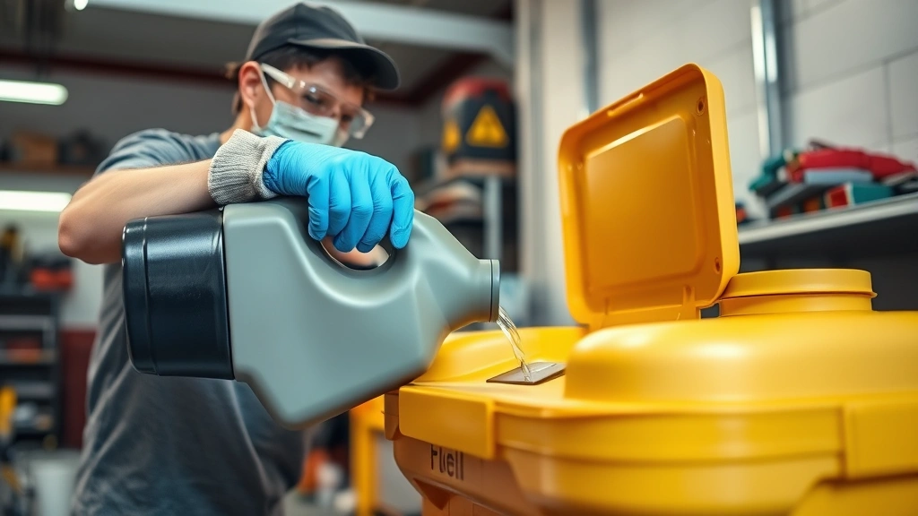 Person wearing safety gloves and goggles carefully pouring fuel into approved disposal container in well-lit garage